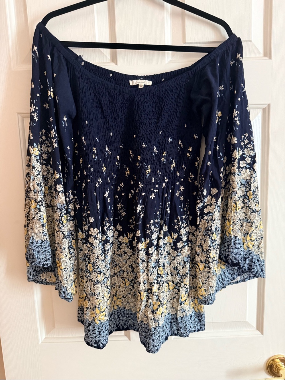 easel Large Navy Floral Off-the-Shoulder Tunic with Yellow Accents